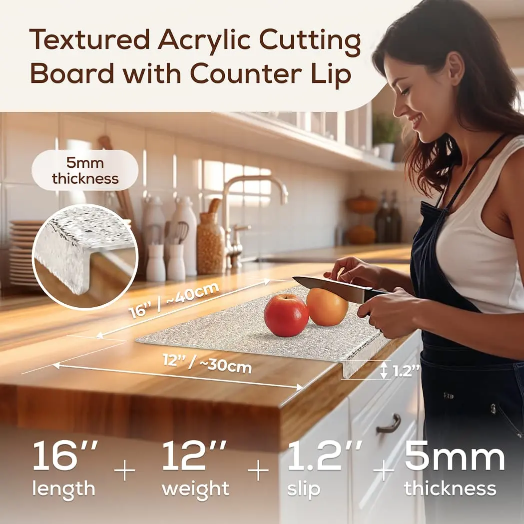 Cutting board listing image with dimensions and thickness callouts over a kitchen scene