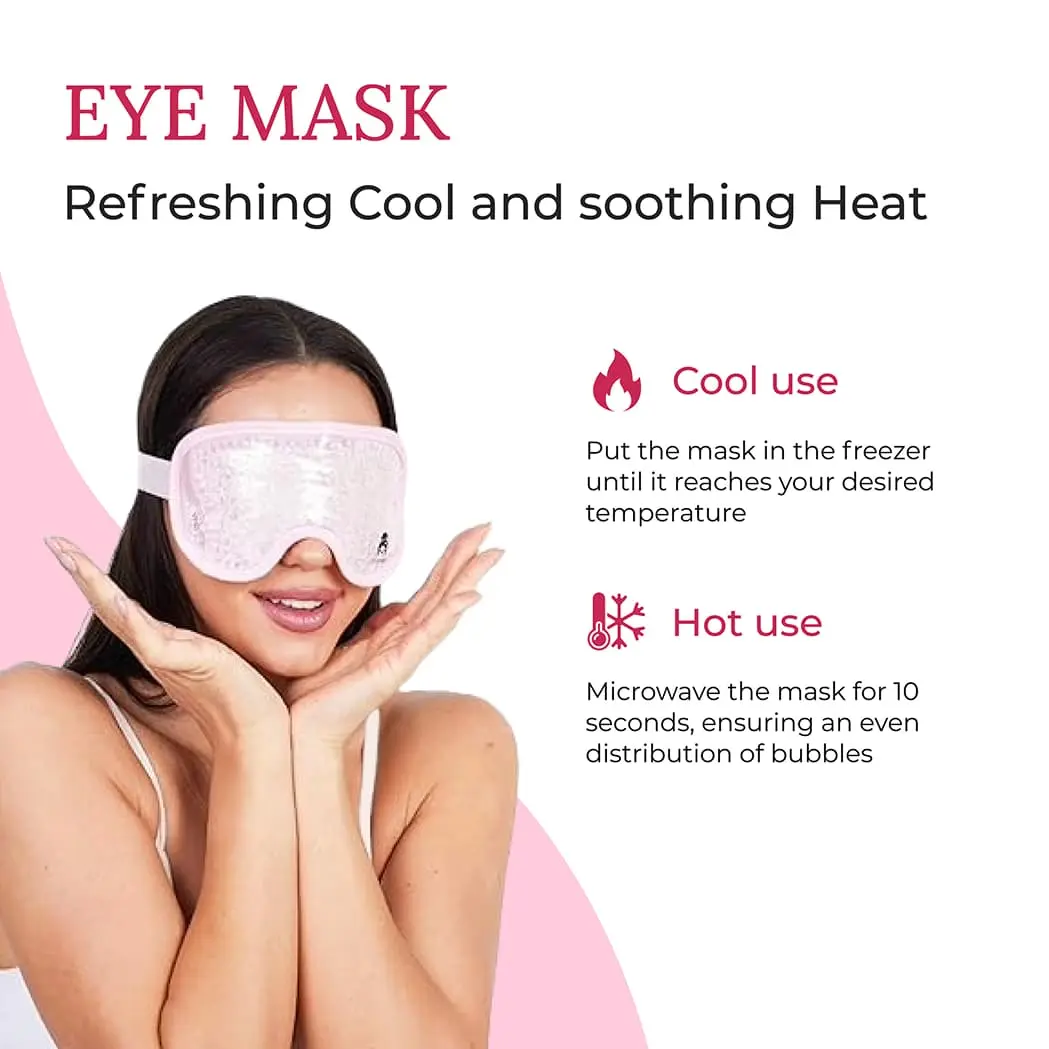 Eye mask listing image explaining cool and hot use with icons
