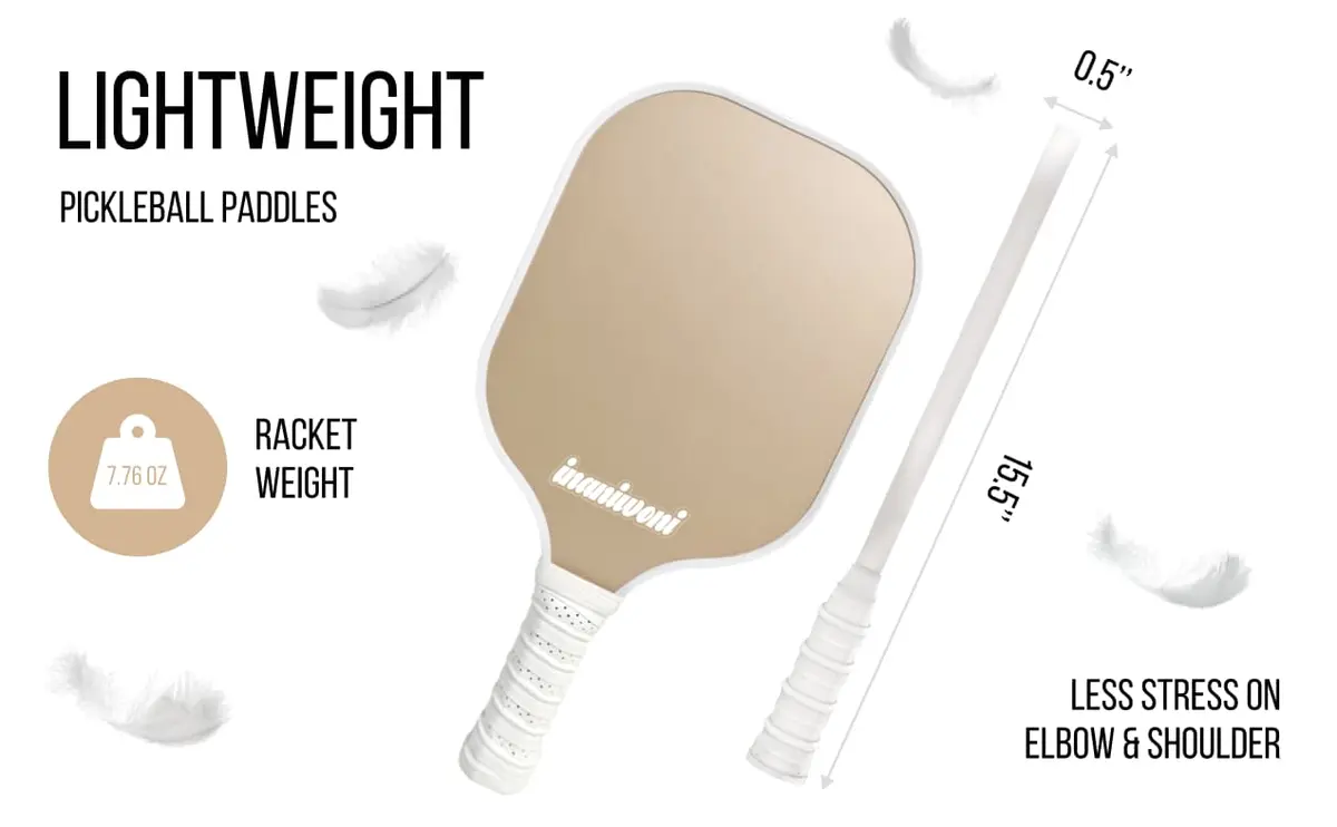 Pickleball paddle listing image emphasising low weight with measurements