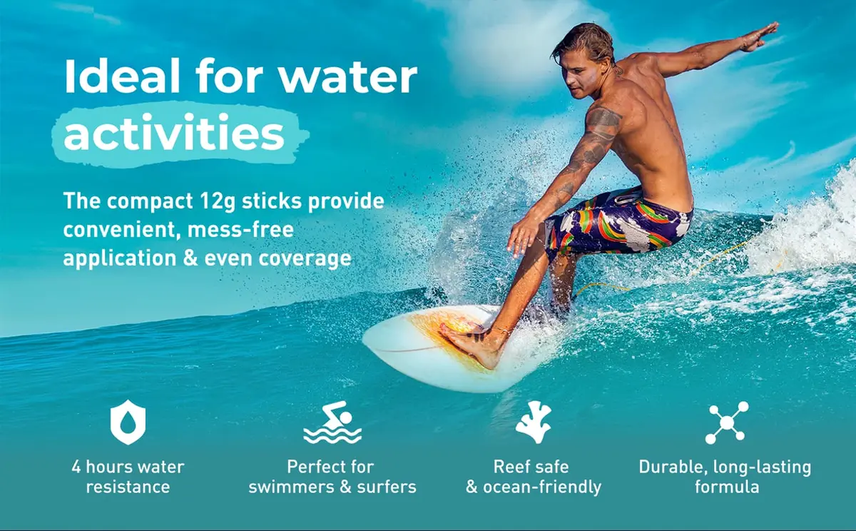 Surf wax banner showing a surfer with four benefit icons beneath