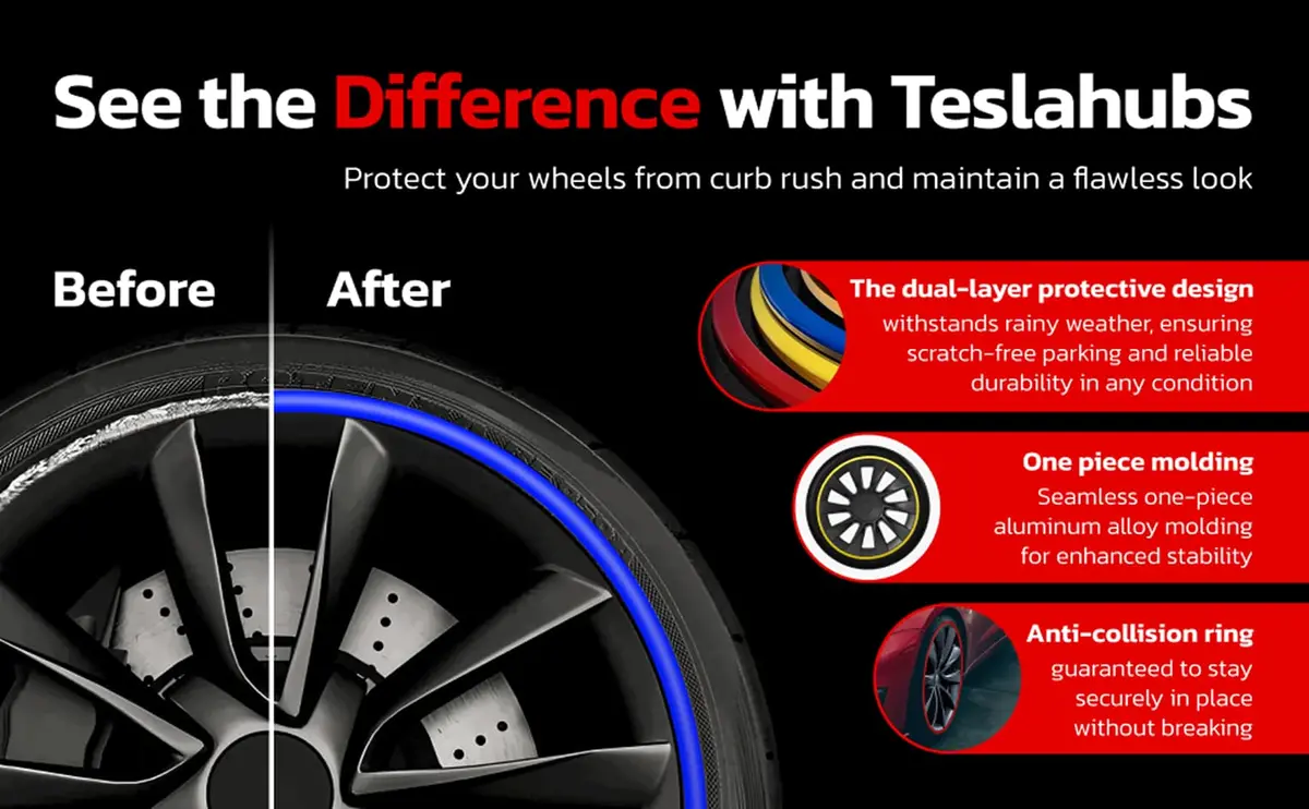 Wheel protection product banner with a before and after split and three feature callouts